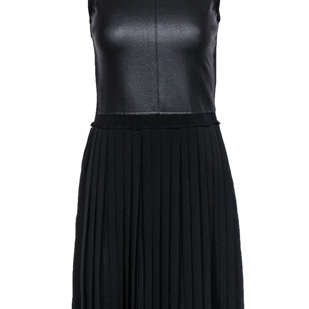 BCBG Max Azria - Black Faux Leather Pleated "Cleo" Sleeveless Midi Dress Sz L